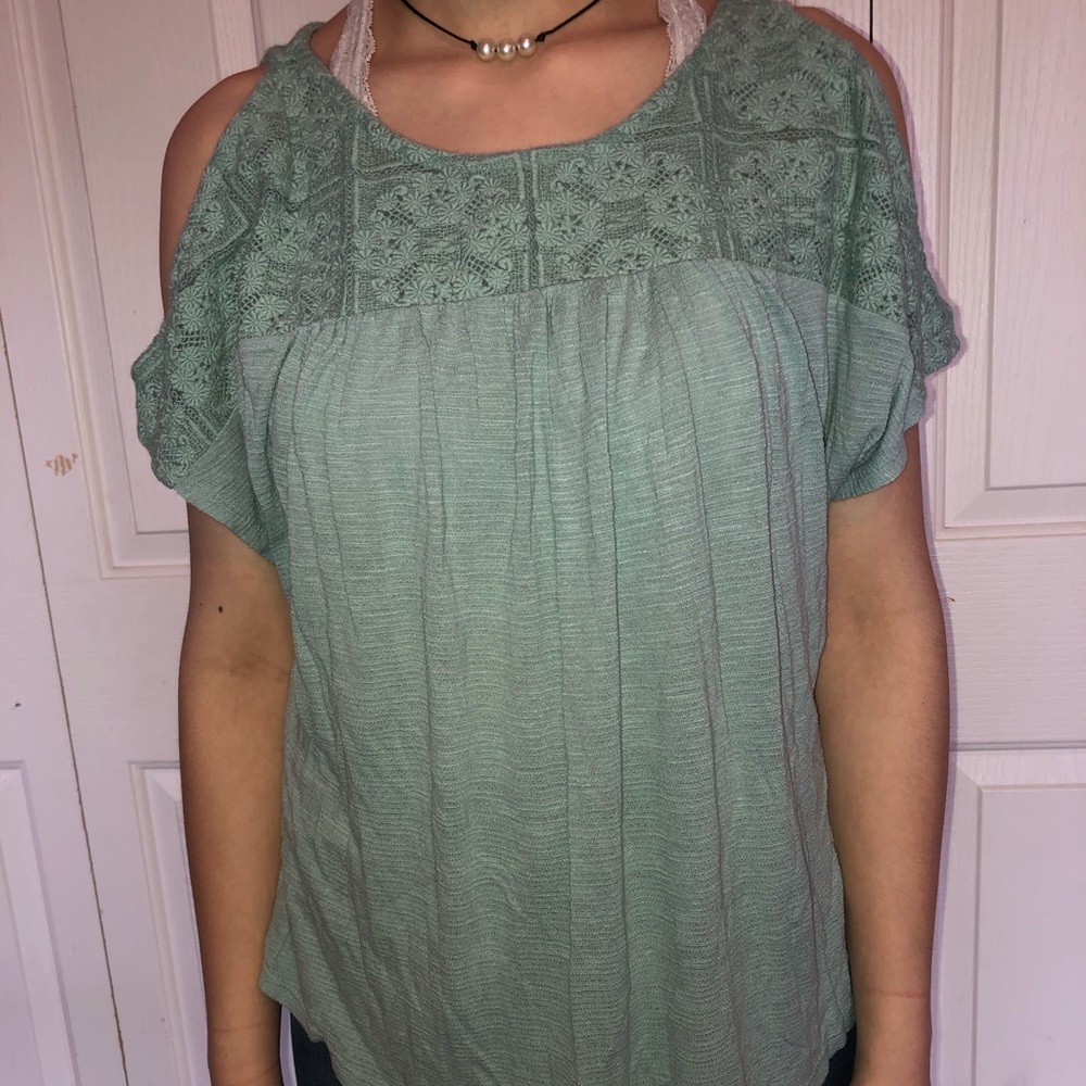Lucky Brand blue blouse with lace detail